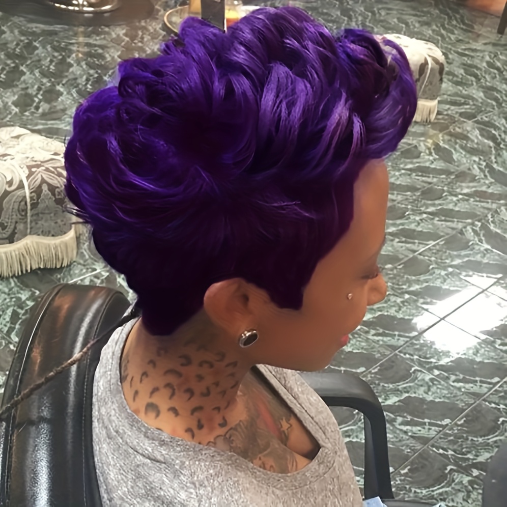 TEMU Elegant Short Curly Cut Wig For Women, High Temperature Fiber, 120% Density, Curly Wave Style, , With Synthetic Purple Wigs For Halloween, Christmas, Music Festivals