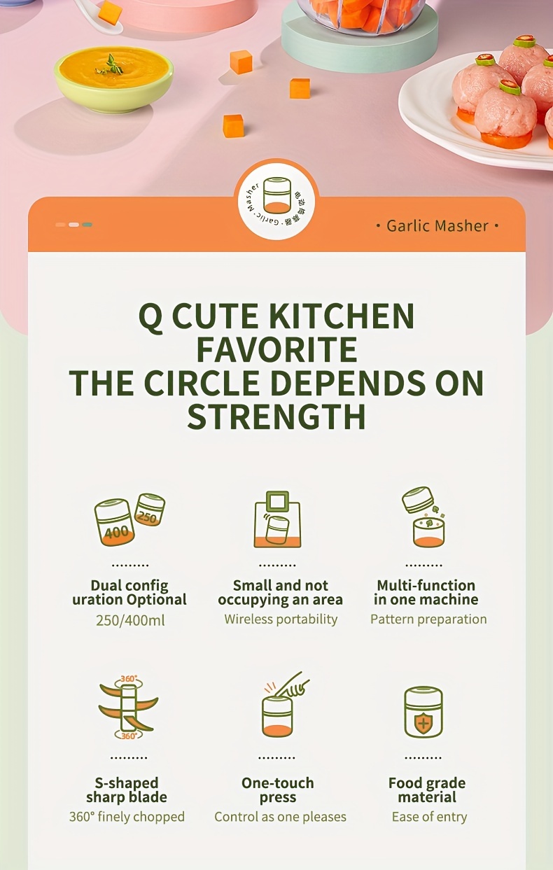 Picadora de ajo eléctrica portátil mini recargable por USB de 100/250 ml - Para picar ajo, jengibre, chile, cebolla, carne