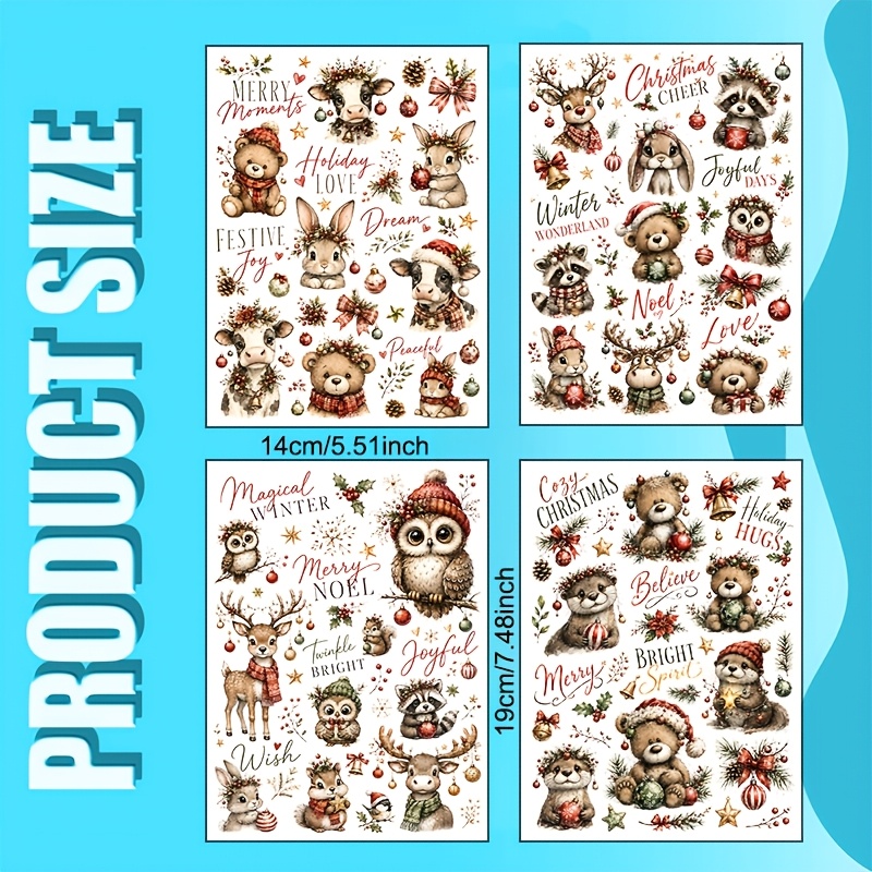 Image of 4pcs Christmas Forest Animal Uv Transfer | Vintage Watercolor Designs Featuring Brown Bear, Wreath Cow, Rabbit With Hood, Antlered Deer, Owl With Round Eyes, Cute Raccoon, , Christmas Orbs