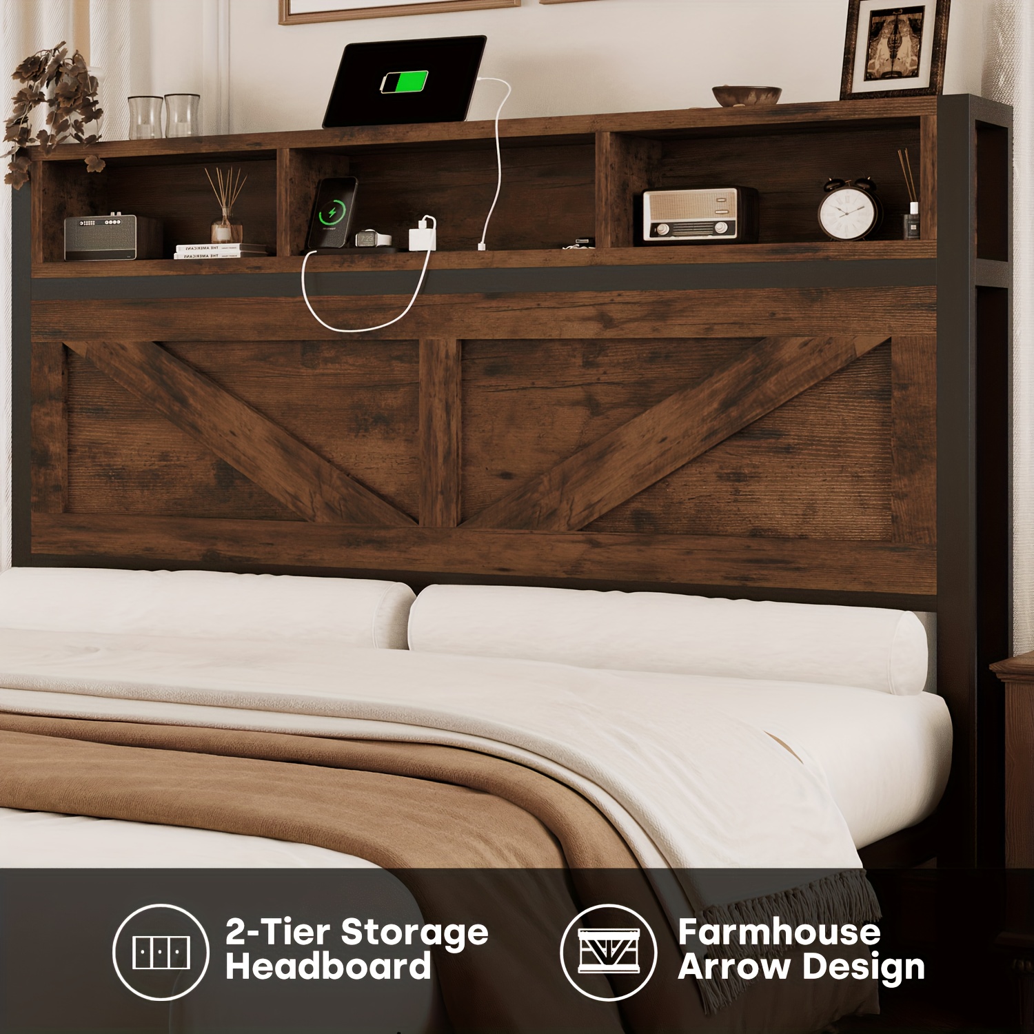 Farmhouse Bed Frame with Storage Headboard and Drawers, LED Light and Charging Outlet, Noise Free, No Box Spring Needed