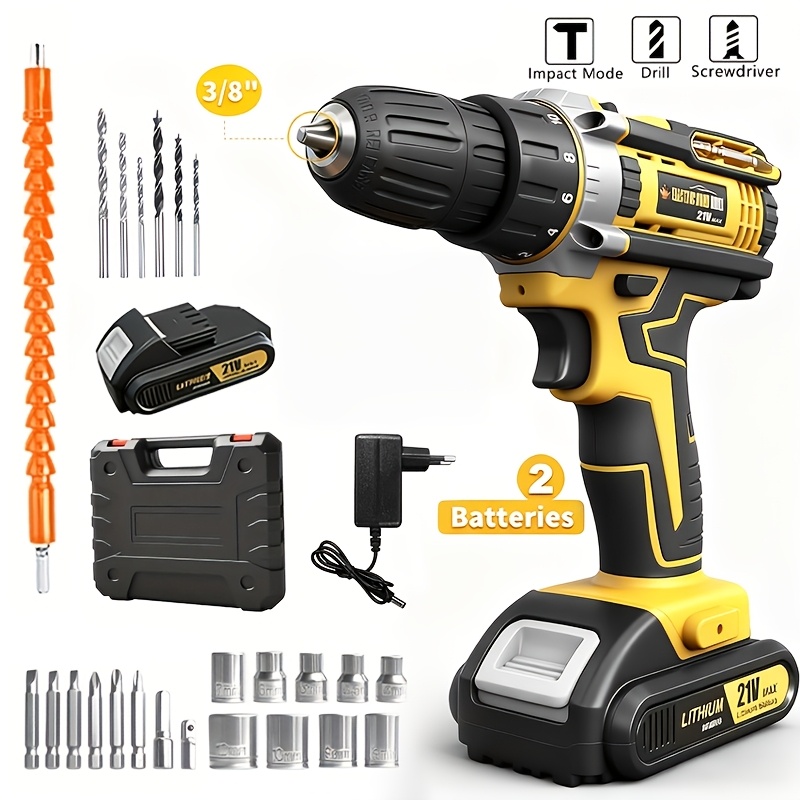 TEMU Kit de perceuse fil au lithium avec batterie, chargeur et mèches ; vitesse variable, mandrin auto- 3/8", 19 réglages de couple. Idéal pour les