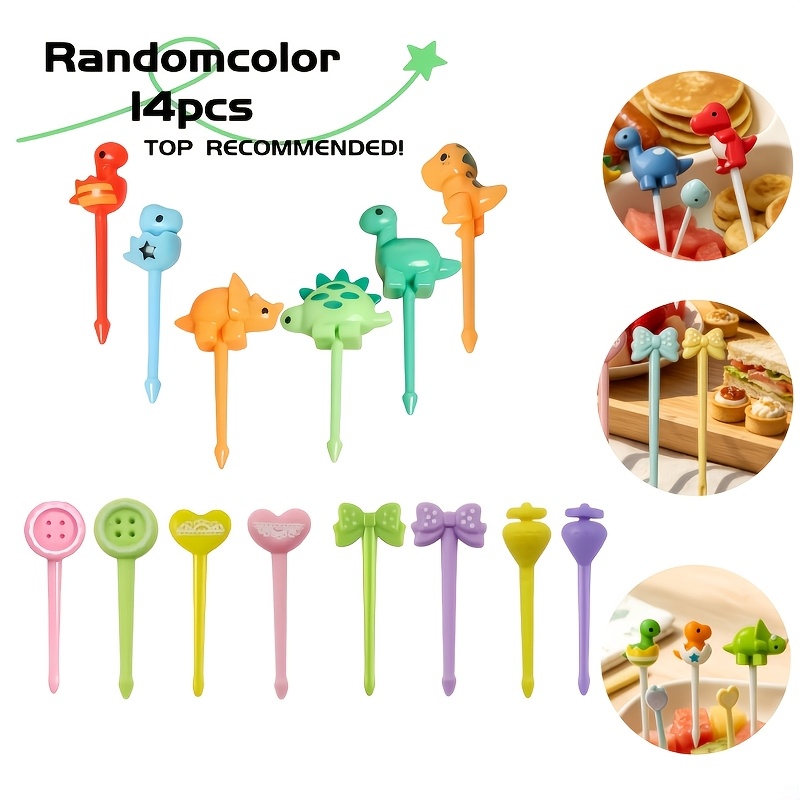TEMU Lot de 14 à fruits sur le thème dinosaure + bonbons, 1 ensemble, couleurs aléatoires, à dessert réutilisables, -dents pour boîte à lunch, pics