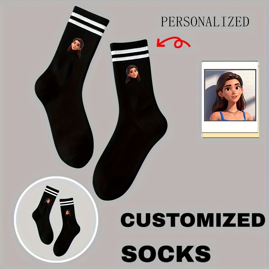 TEMU 1 Pair Of Men's Couple Socks - Customized With Fun Photo Designs, Mid-calf Style. Durably Knit, Personalized And Romantic, Perfect Gifts For