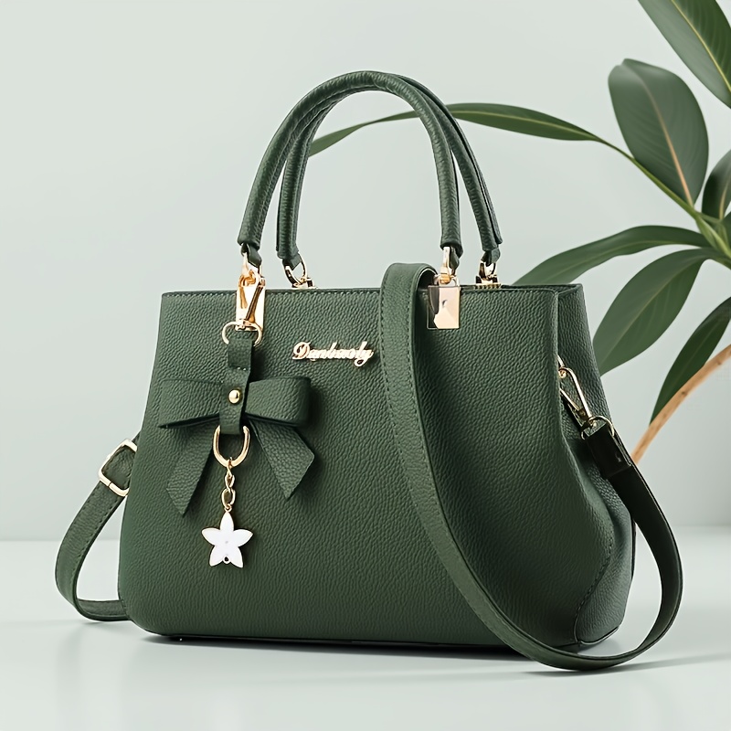 TEMU Women's Purse Set, Stylish Pu Tote Handbag With Matching Card Wallet, Bow Charm Shoulder Bag For Work, Shopping & Crossbody Bag
