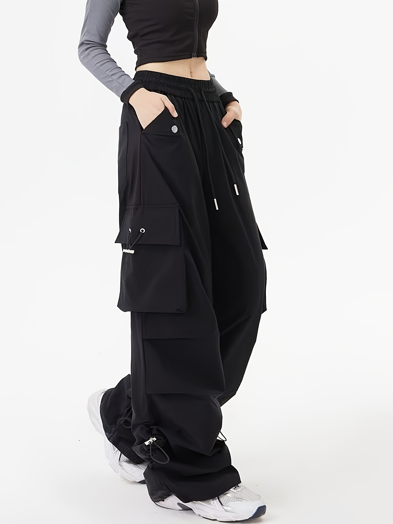 pantalones cargo cintura mujer cordón pantalones anchos Temu