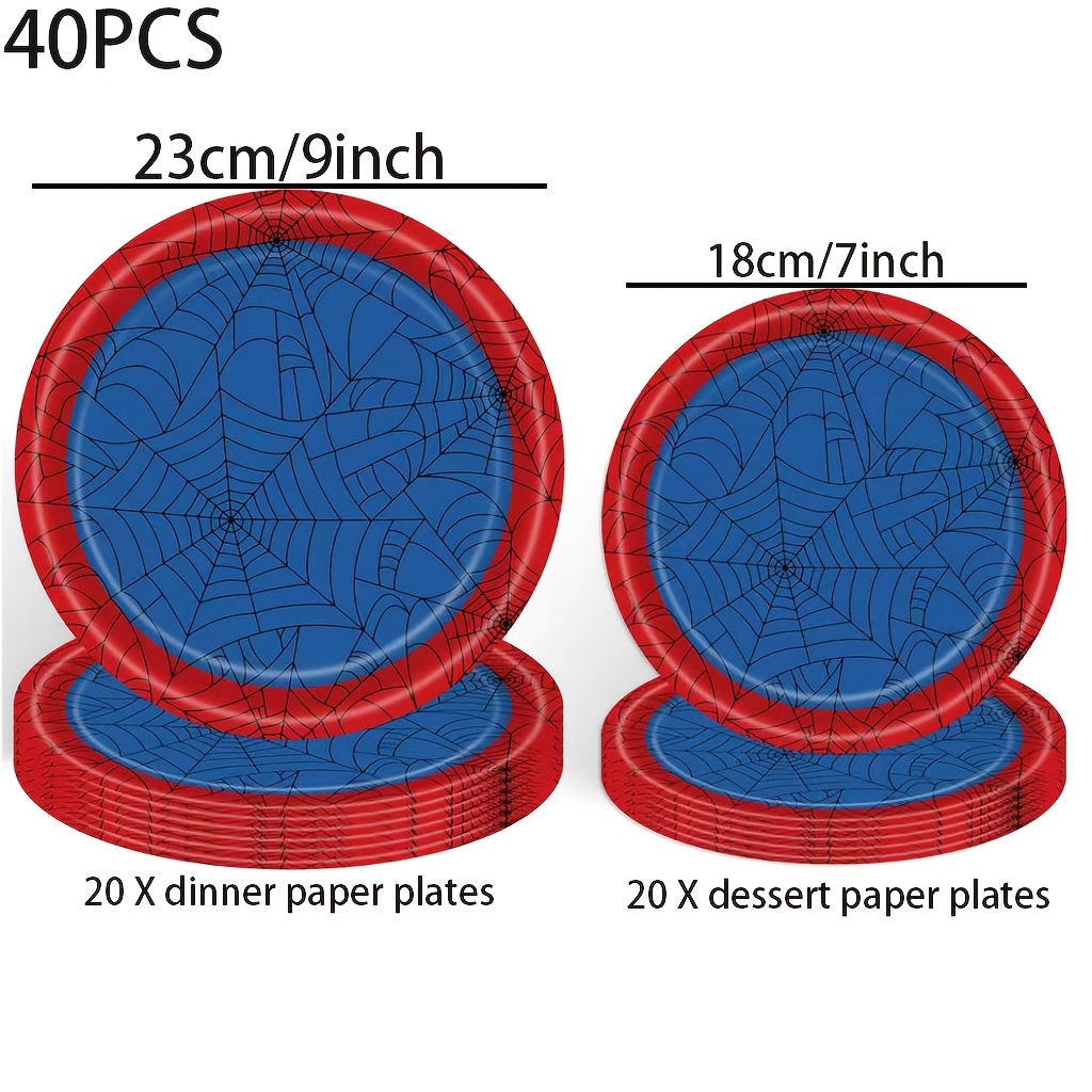 TEMU 20/40pcs Web Themed Party Tableware Set, Paper Plates. Red And Blue Color Scheme, Web Themed Party Decorations, Birthday Party Supplies,
