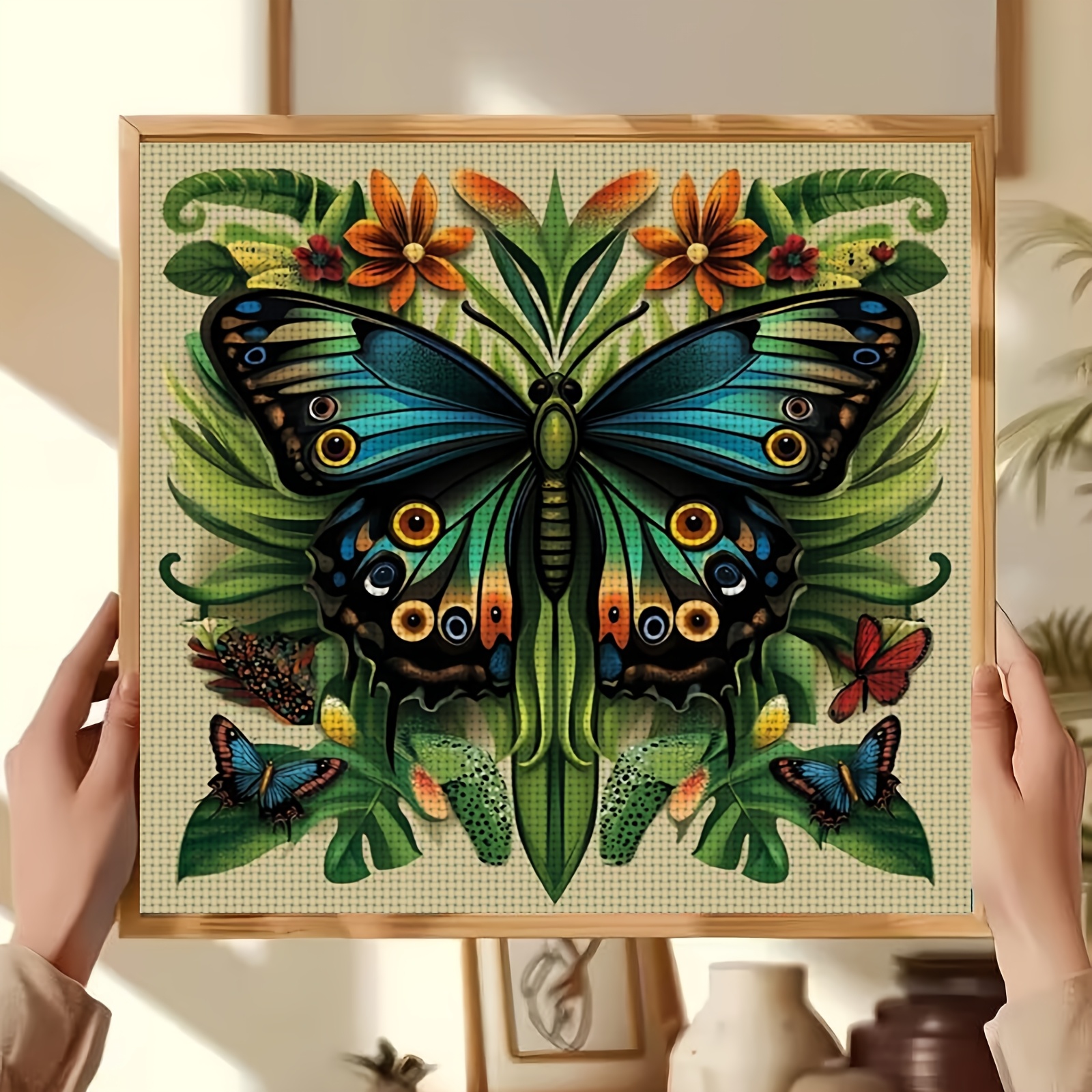 Cross-Stitch Printed Kit, Colorful Butterfly Flowers Pattern