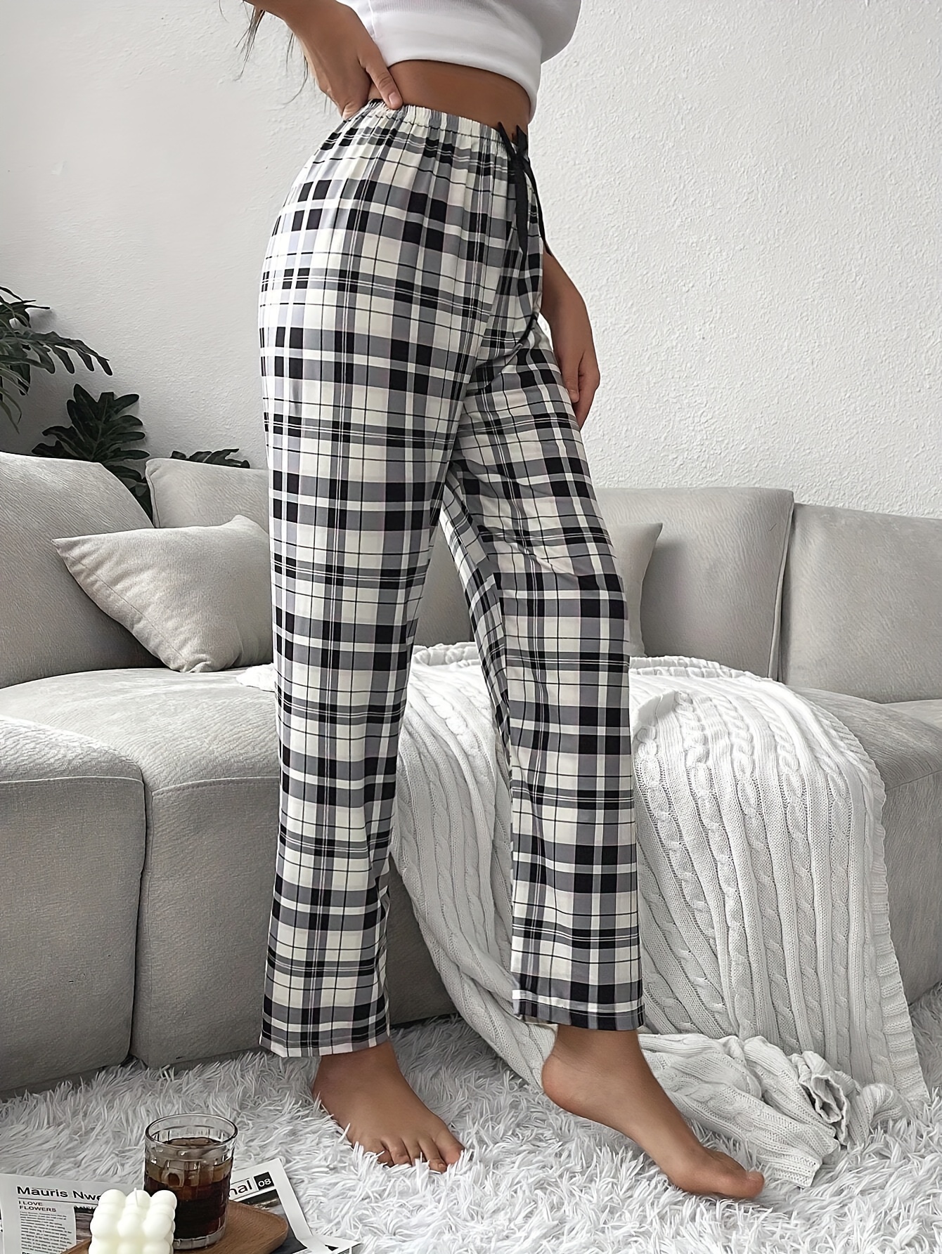 Pantalones de pijama a cuadros para mujer con cordón, pantalones de dormir  elásticos con decoración de ropa de dormir cómoda para el ho
