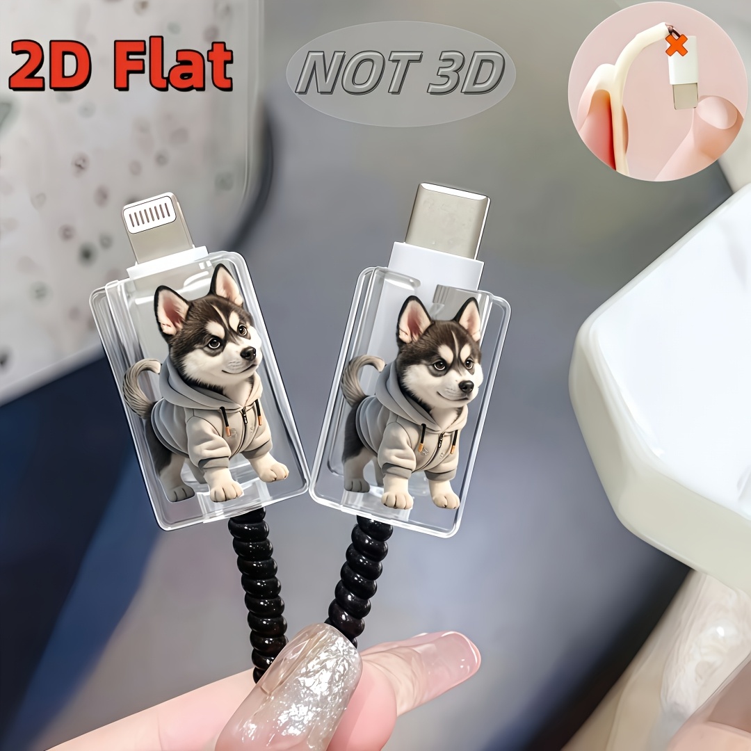 TEMU Protector de cable 2D de 2 piezas con estampado de husky, antirrotura, protector de cable de teléfono tipo C, hermoso y duradero, 2D