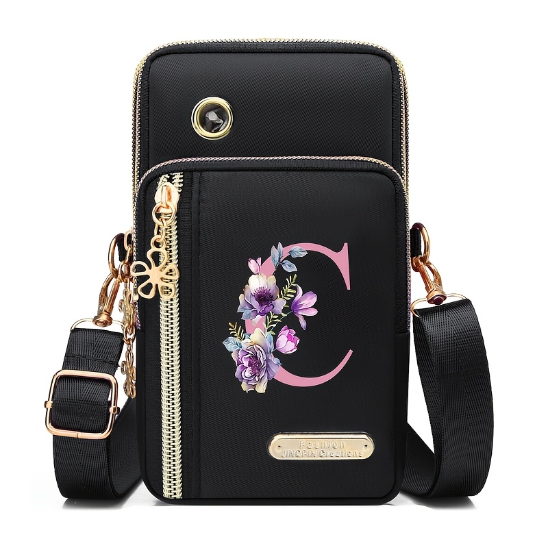 TEMU Portefeuille Téléphone Facile à avec Imprimé Floral Run, Fermeture Éclair et Compartiments pour Cartes de Crédit, Bandoulière Réglable et