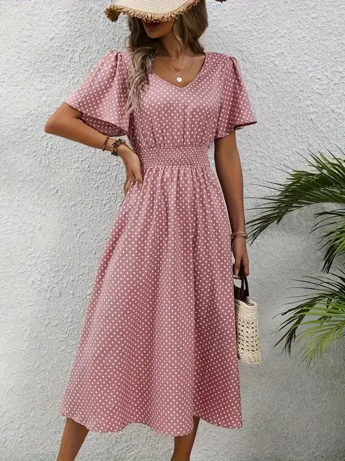 chic pink polka dot midi dress for women casual v neck ruffle sleeves cinched waist design lightweight polyester spring summer machine washable