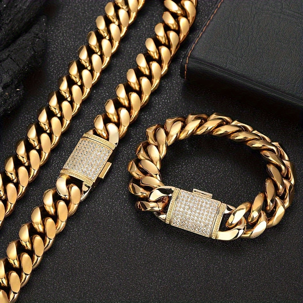TEMU 12mm Wide Necklace Bracelet Set For Men