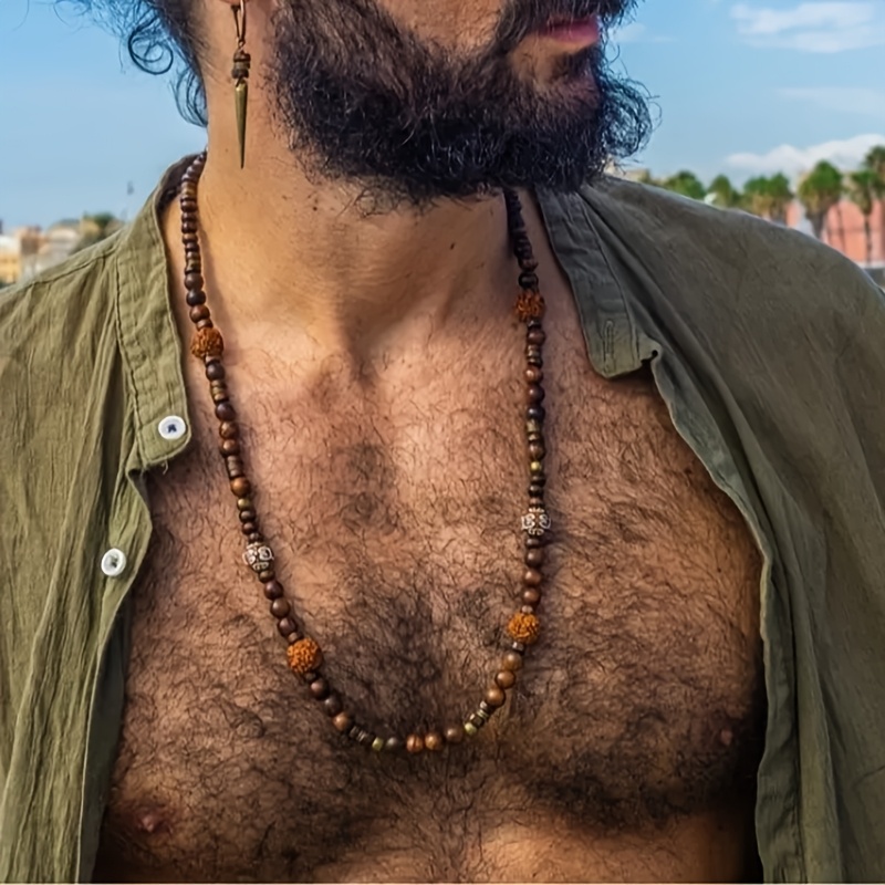 Men's Handmade Bohemian Wooden Bead Necklace - Wood Beads & Beach Jewelry Suitable For Casual Travel, Surfing, Casual Attire - Ideal Gift For Men ( Wood Bead Chain)