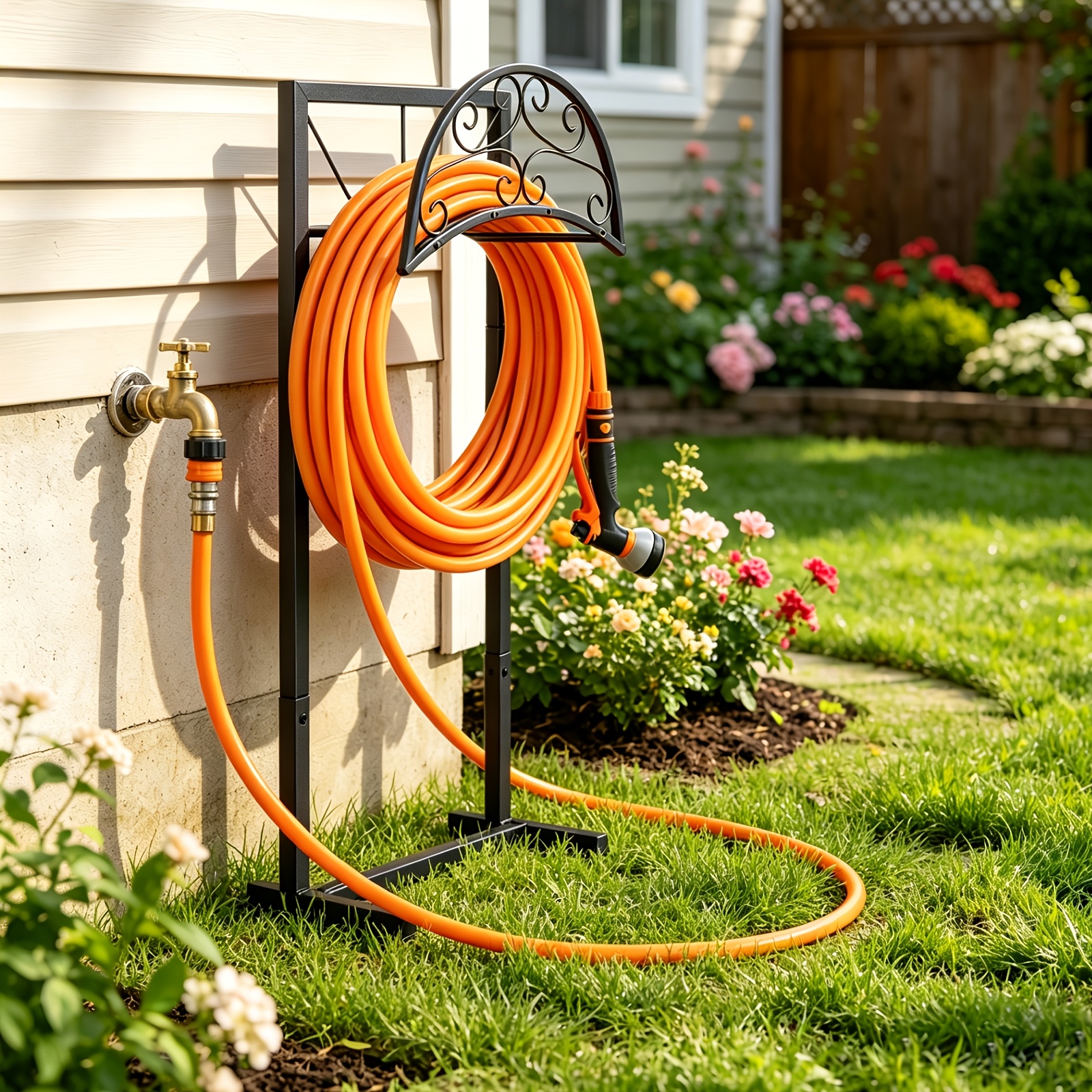 item picture heavy duty metal garden hose holder outdoor freestanding garden hose reel hose stand with gloves detachable garden hose organizer holds 150ft hose rust resistant design with spikes for   stability for outside yard lawn farm