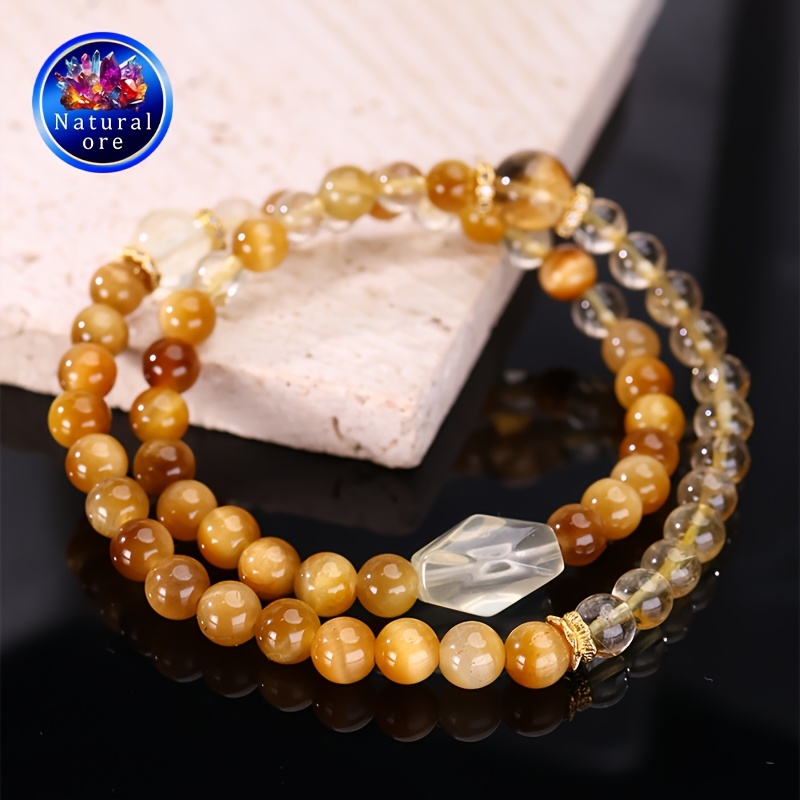 Natural Stone Wrap Bracelet with Yellow Stone & Tiger's Eye Bead