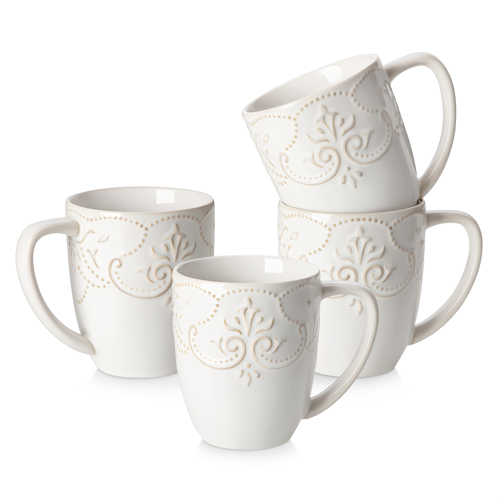 4pcs Coffee Mugs Embossed Floral, 14oz Porcelain Tea Cups With 3d Raised Relief Design, F Tea, Lattes, Cappuccinos, Or Microwave And Dishwasher Safe, Unique Housewarming Gift