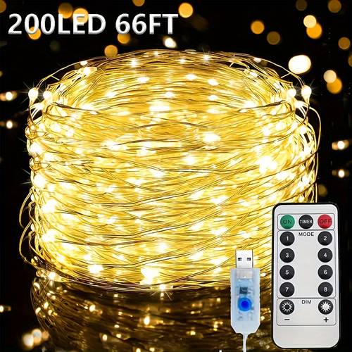 1pc usb string lights 66ft 200led 33ft 100 led 16 4ft 50led changing wire lights with 8 lighting remote control for craft bedroom ceiling christmas decoration multicolor copper wire light