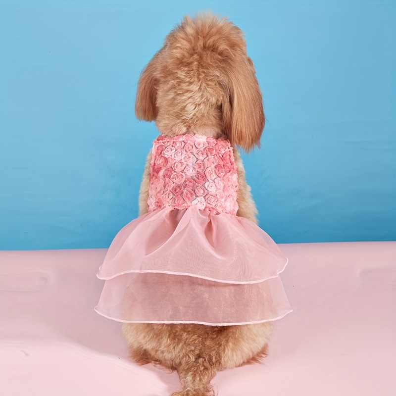 

Pink Floral Rosette Dog Dress With Tulle Skirt, Pet Fashion Apparel, Breathable Mesh Fabric, For Small To Medium Dogs