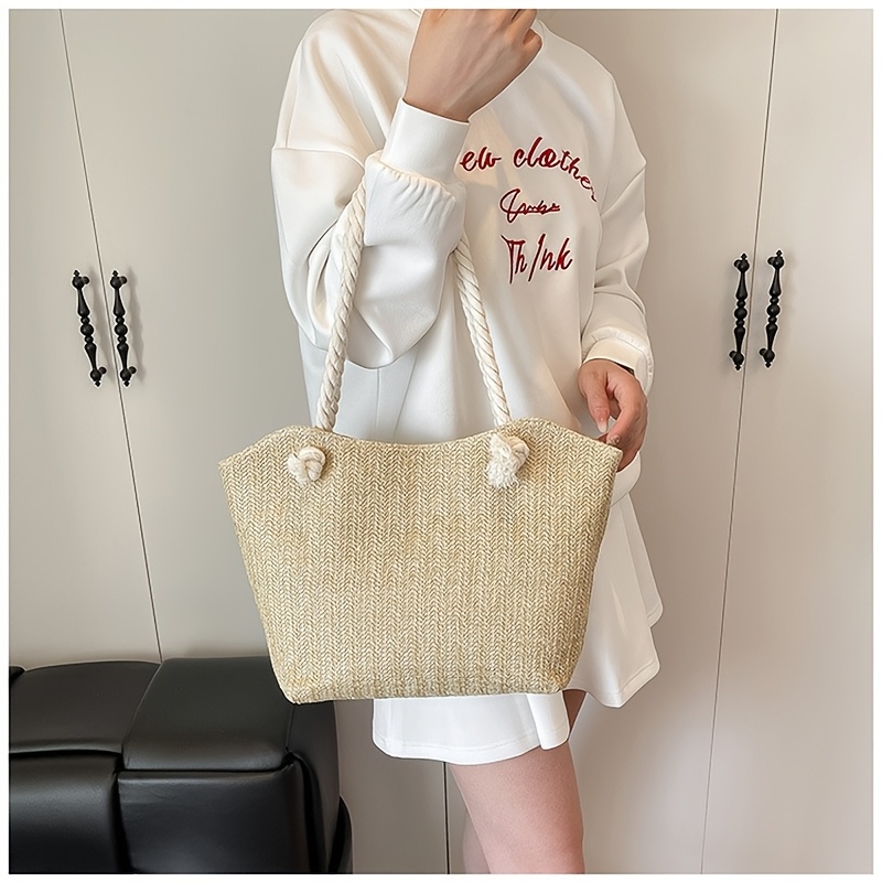 TEMU Women's Handbag, Rope Woven Tote Bag, Large Capacity Beach Bag For Seaside Vacations, Thick Rope Handles + Tassel Decoration, Herringbone Woven