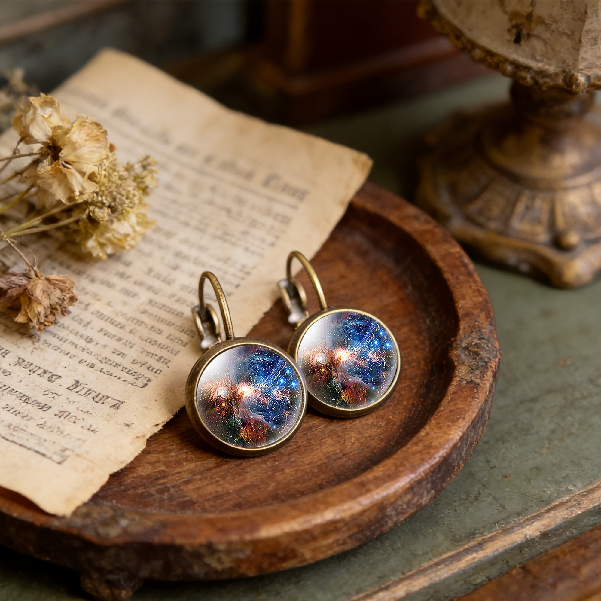 2pcs Antique Cyan Round Classical Earrings Set with Cosmic Nebula