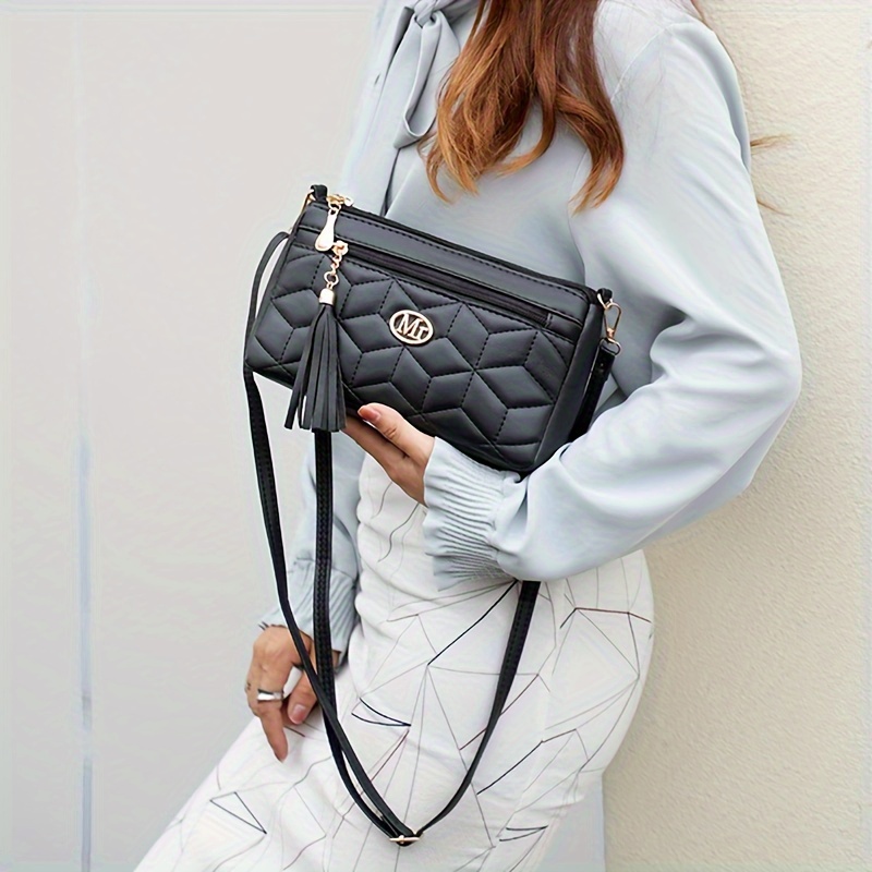

Fashion Crossbody Bag, Quilted Pu Leather Bag With Tassel Accent, Large Capacity Single Shoulder Purse, Elegant Design Bag