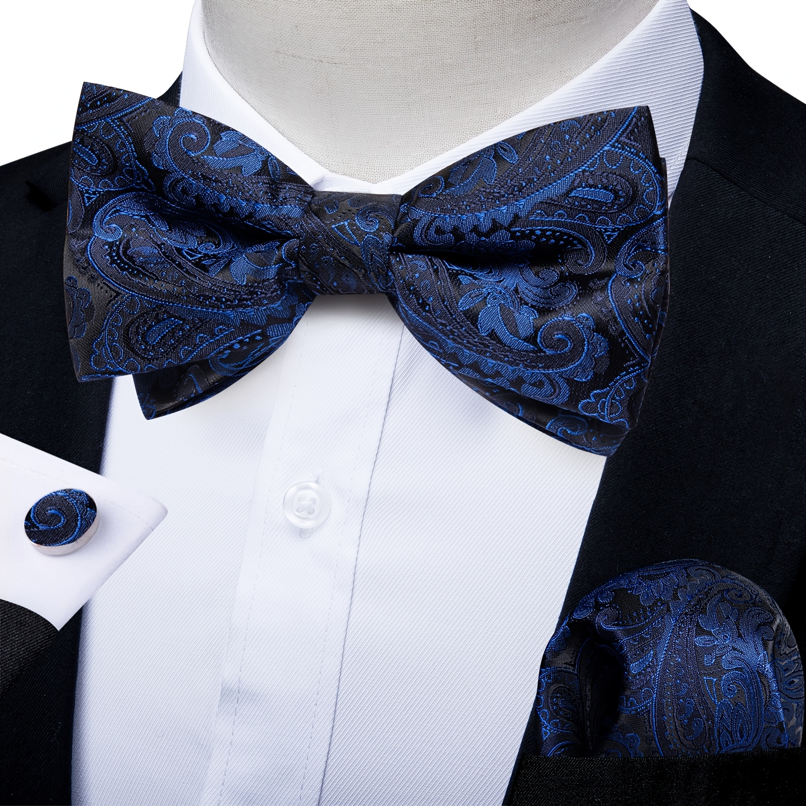 Men's Versatile Formal Royal Blue Paisley Bow Tie & Pocket Square Set, For All-match Additions For