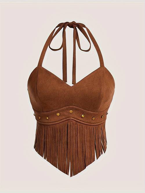 vintage fringe halter neck top for women
