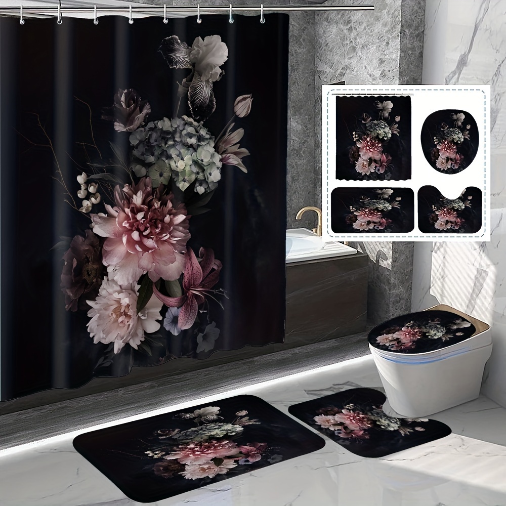 

1/4pcs Black And Shower Curtain, Polyester Waterproof Curtain With 12 Hooks, Art Print Decorative Bathroom Set, Bath Mat, U-shaped Pad, Toilet Seat Cover, Bathroom Accessories