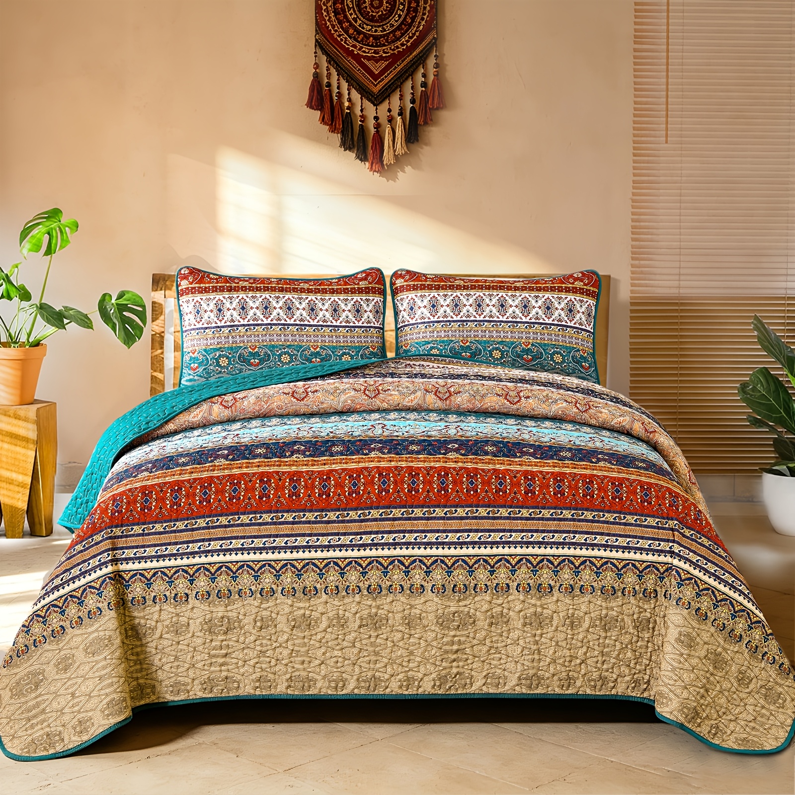 3pcs Bedspread Set, 220 X 240 Cm Boho Quilt, Microfiber Bed Throw With 2 Pillowcases 50 X 75 Cm, Double Bed Blanket For Bedroom And Sofa, Brown