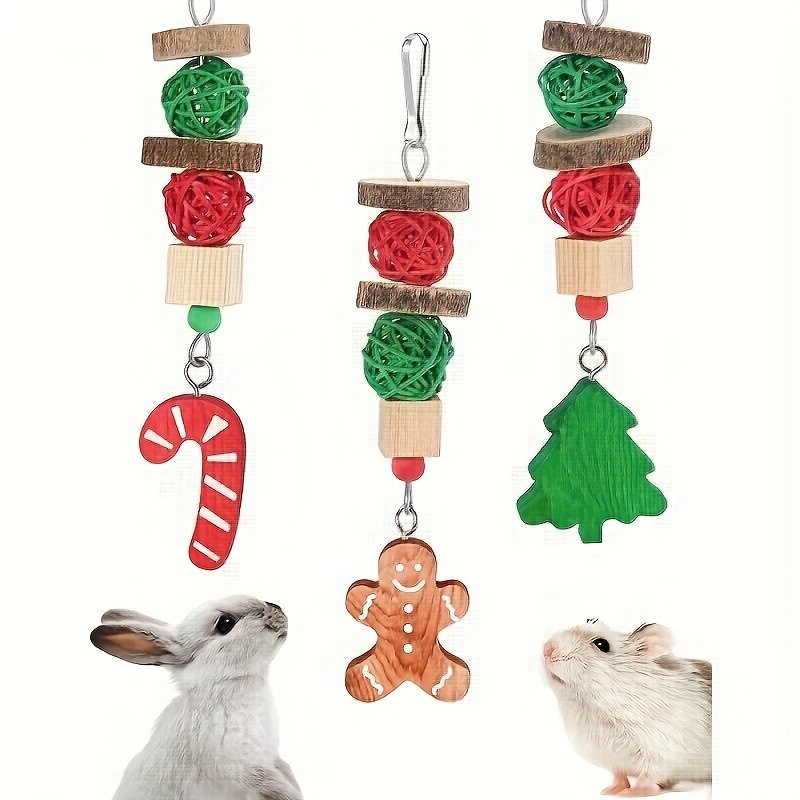 TEMU 3 Pcs Christmas Guinea Pig Chew Toys, 3rabbit Chew Toys Hamster Bunny Treats Wood For Chinchilla, Hanging Christmas Themed Decor Cage Accessories For Small Animals Pet Teeth Enrichment Gift
