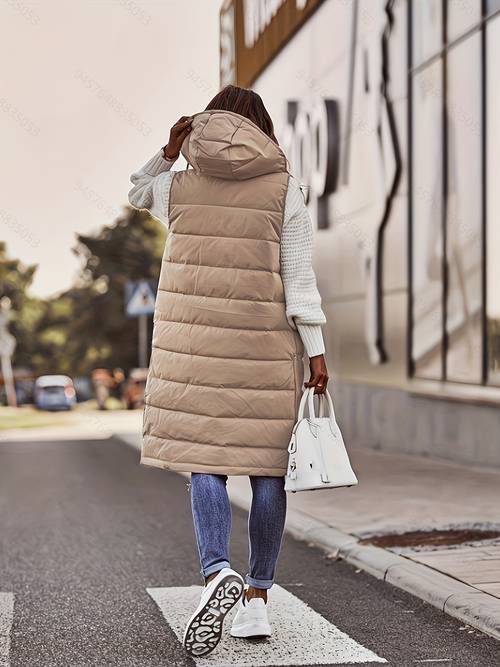 solid color single breasted long padded fit elegant cardigan warm pocket vest