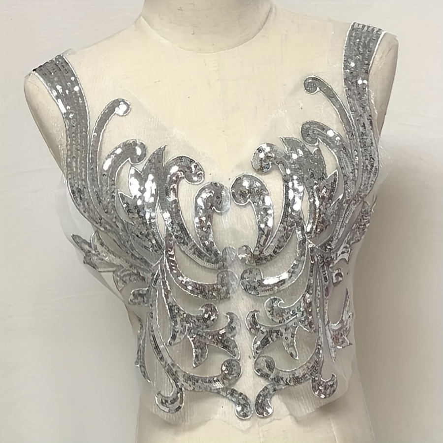 Image of A Pair Of Golden And Silvery Mesh Embroidered Sequin Flower Fabric Patches For Wedding Dress And Gown Decoration