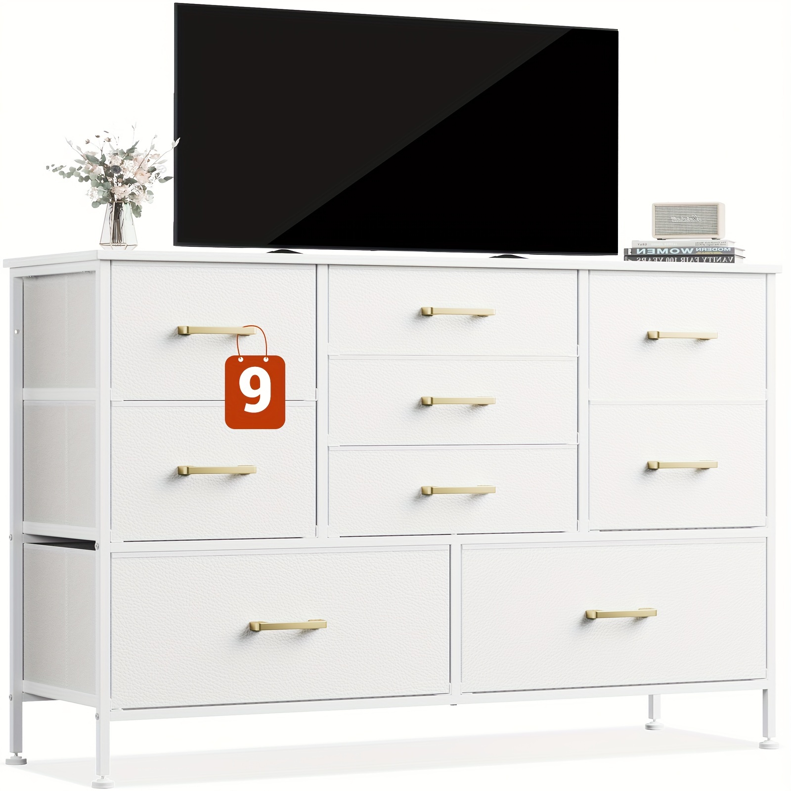 

White Wide Dresser Tv Stand, Entertainment Center With 9 Fabric Drawers, Golden Handle, Storage Organizer Unit For Bedroom, Living Room, Closet, Entryway, Hallway, Black, Pink, Blue, Brown