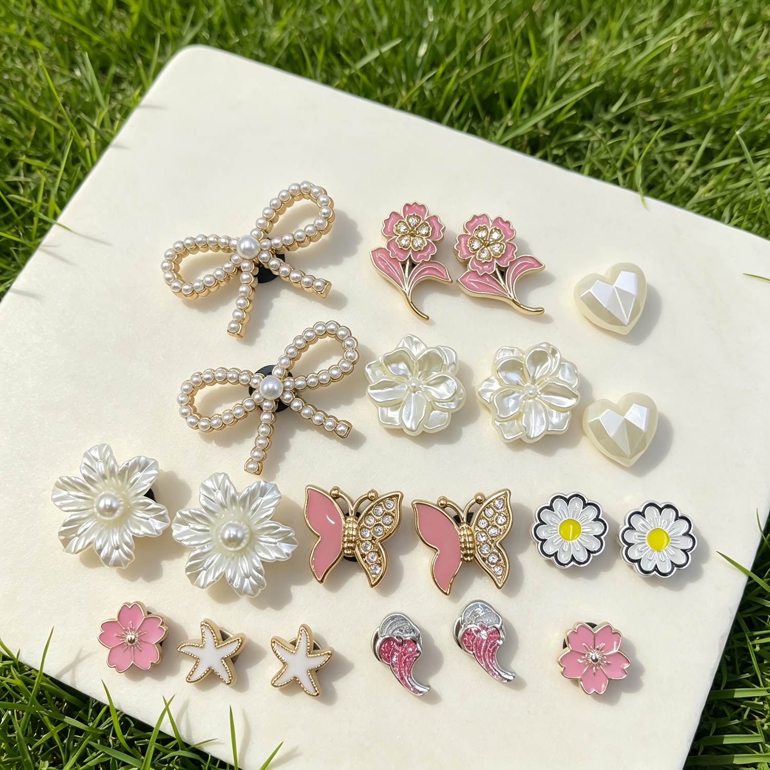 TEMU 20pcs Luxury Bow Flower Small Starfish Heart Pink Flower Diy Decorative Accessories, Ready-to-, Suitable For Clogs, Garden Shoes, And Perforated