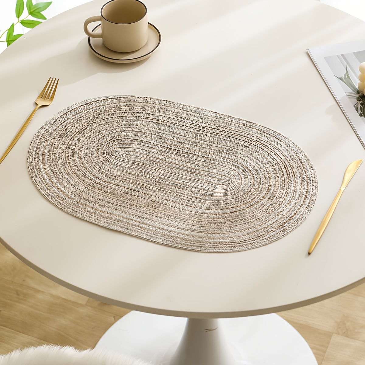 

4/6pcs Oval Yarn Placemats, Washable Table Mats, Polyester .00, Hand-woven Dining Decor, % Polyester Tabletop Pads