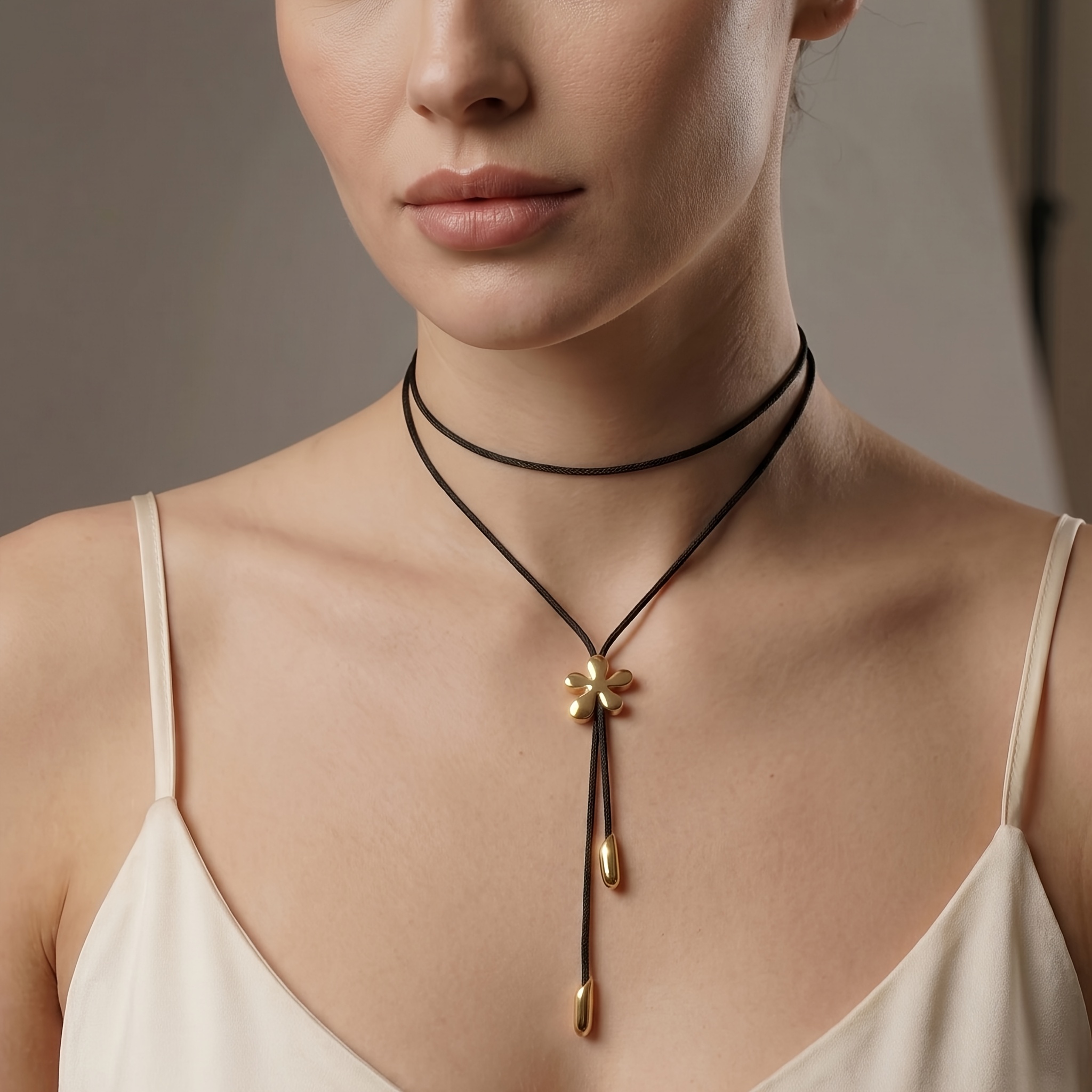 1 kos Ohlapen Stil Lahka Luksuzna Cvetlična Nastavljiva Ogrlica iz Črnega Vrvi, Premium Enostavna Dvojna Plast Choker Ogrlica, Modna Posamezna