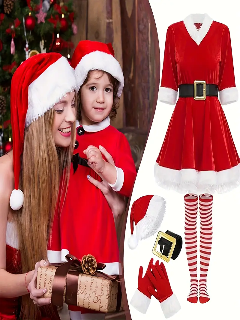 christmas play dress Girls Dress Christmas Hat Velvet Long Sleeve Holiday 6 Years / Red White