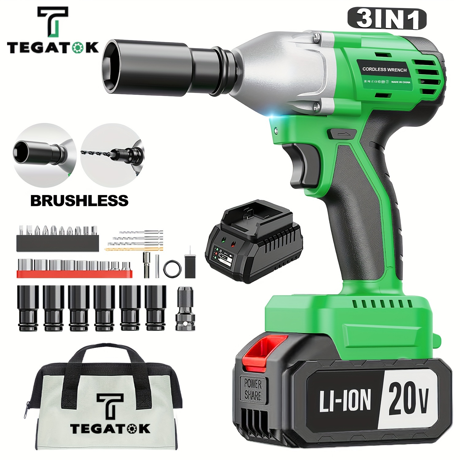 

Tegatok Cordless Impact Wrench, Power Impact Gun 1/2 (430n.m), 2400 Rpm Brushless Impact Driver With 4000 Mah Battery, Fast Charger, 6 Sockets & Tool Bag, 3-in-1 Electric Impact Wrench For Car Home