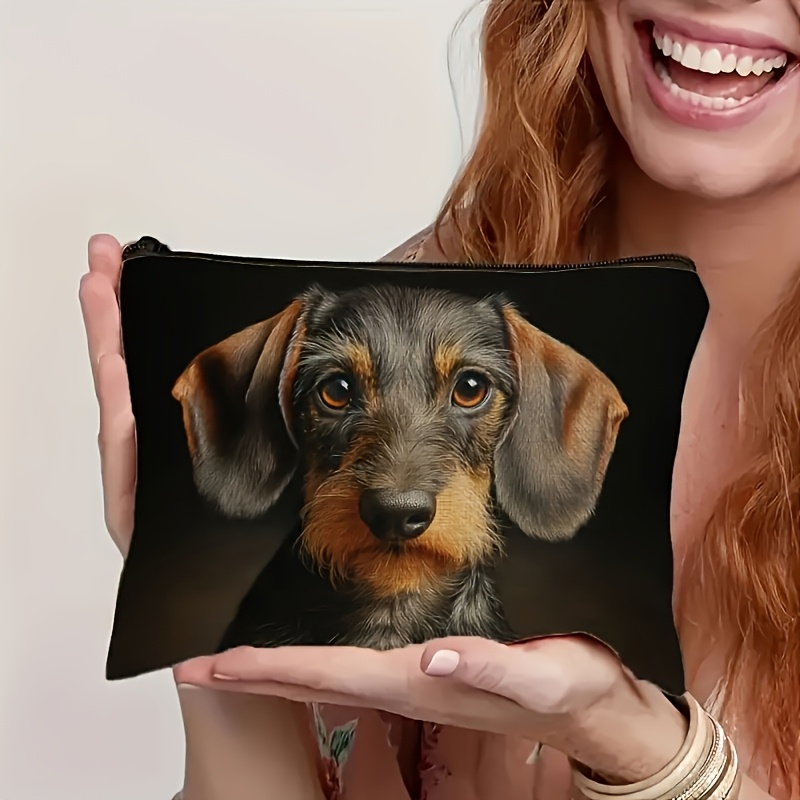 TEMU 2d Flat Printing 1pc, Realistic Dachshund Cosmetic Bag – Rough-haired Dachshund Puppy Makeup Bag, Portable Travel Storage Pouch For Women, Dog