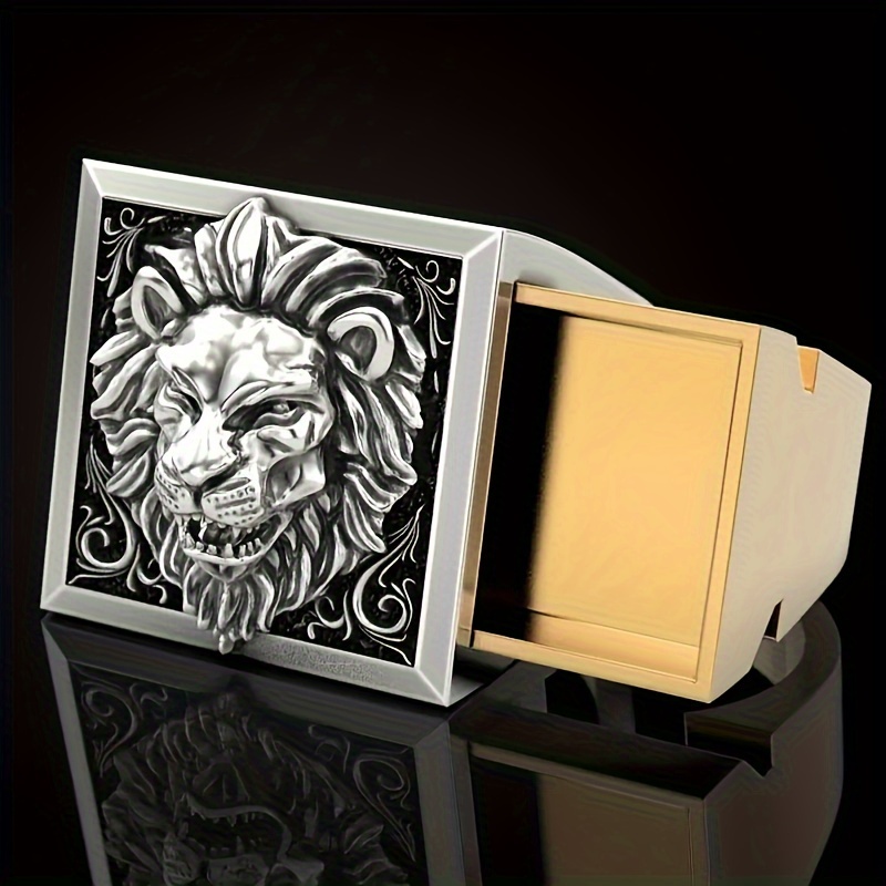 

1 Men's Domineering Lion Head Fashionable Exaggerated Ring Creatively Embedded In An Invisible Box Storage Ring Suitable For Men's Jewelry