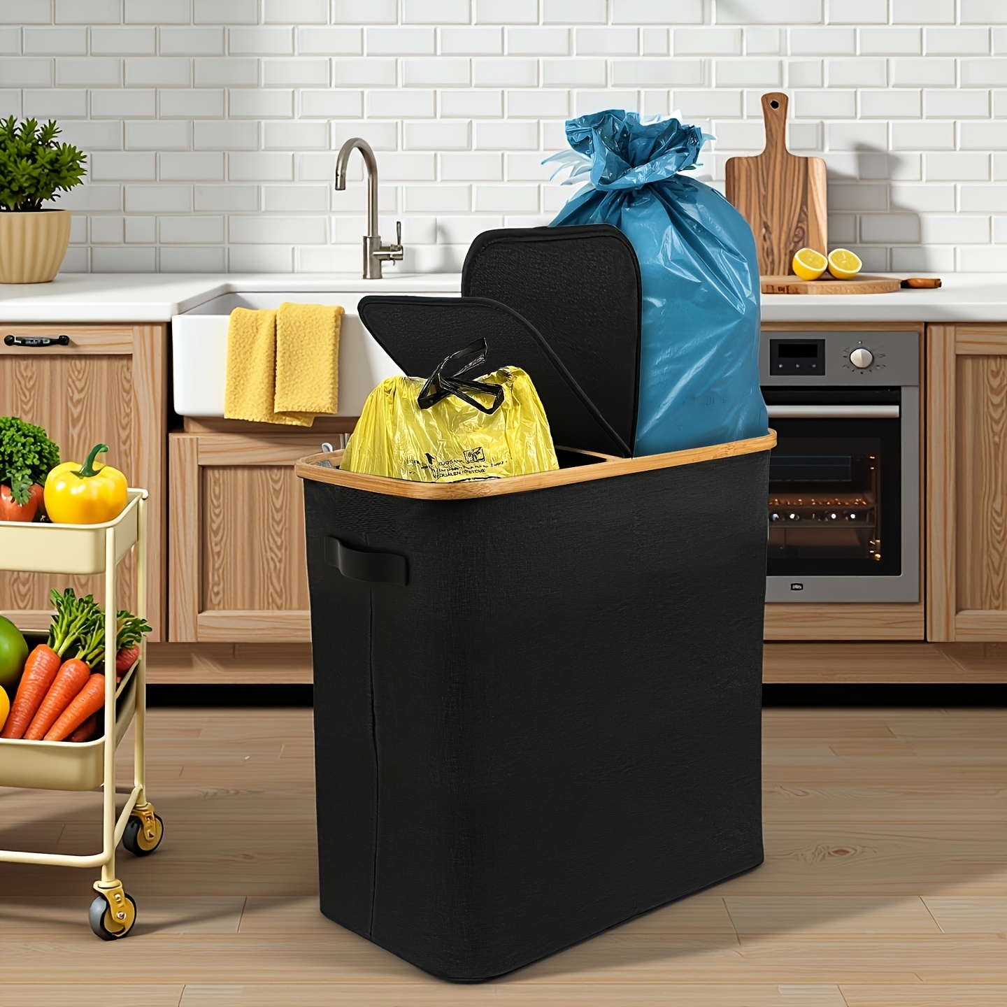 160l large trash can with double storage box and bottle   made of durable oxford cloth high quality and stable rectangular design suitable for kitchen and household waste systems black and yellow durable and easy to clean