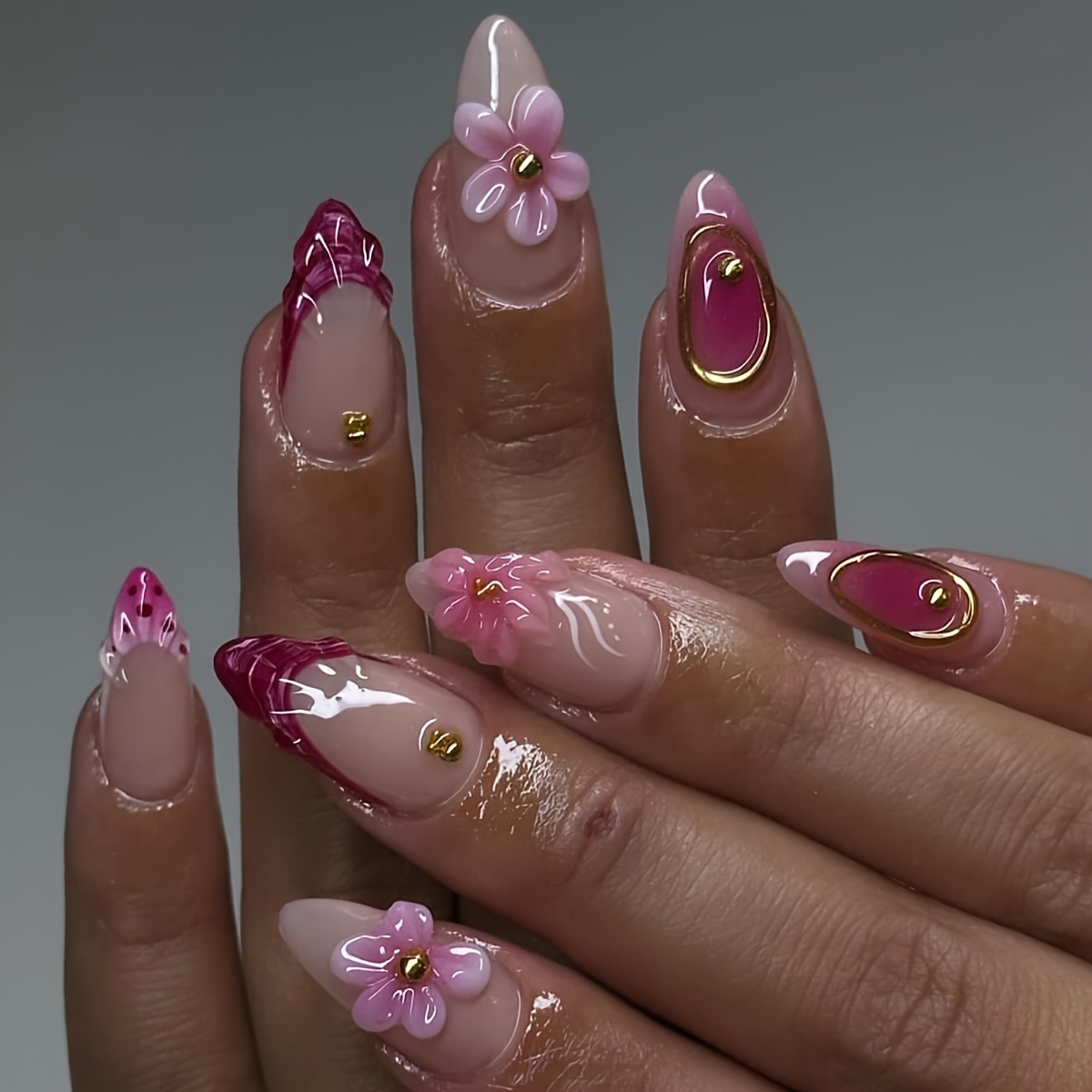 

24pcs Light Pink Three-dimensional Flower Flash Diamond Gradient Polka Dot Stripe Long Almond Shape -on False Nails With Nail File And Jelly Glue Suitable For All Women's