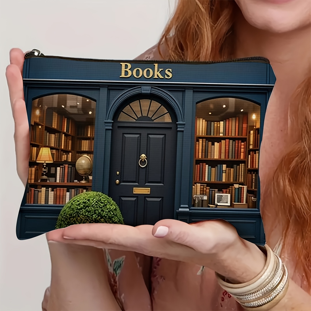 TEMU 1pc Bookstore Themed Pattern Makeup Bag, Who Reading Books, Cosmetics Storage Bag, Portable Toiletries Storage Bag, Beauty And Skincare Product