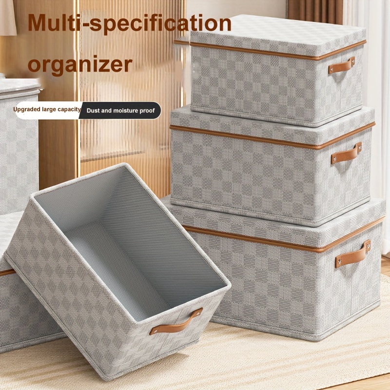 

Chic Checkerboard Fabric Storage Box With Lid - Foldable, Non-woven Organizer For Clothes & Toys