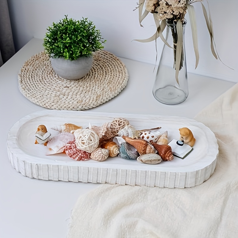 

1pc, Wooden Decorative Bowl With Hand Carved Stripes, Table Centerpiece Wood Bowl, Rustic White Washed Key Bowl For Home Living Room Farmhouse Boho Decor