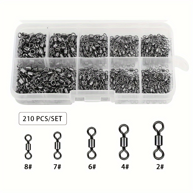 

210pcs Fishing Swivel Snap Set, High-strength Stainless Steel Barrel Swivels, Multiple Sizes, Saltwater & Freshwater Compatible, Durability & Smooth , Tackle Box Included