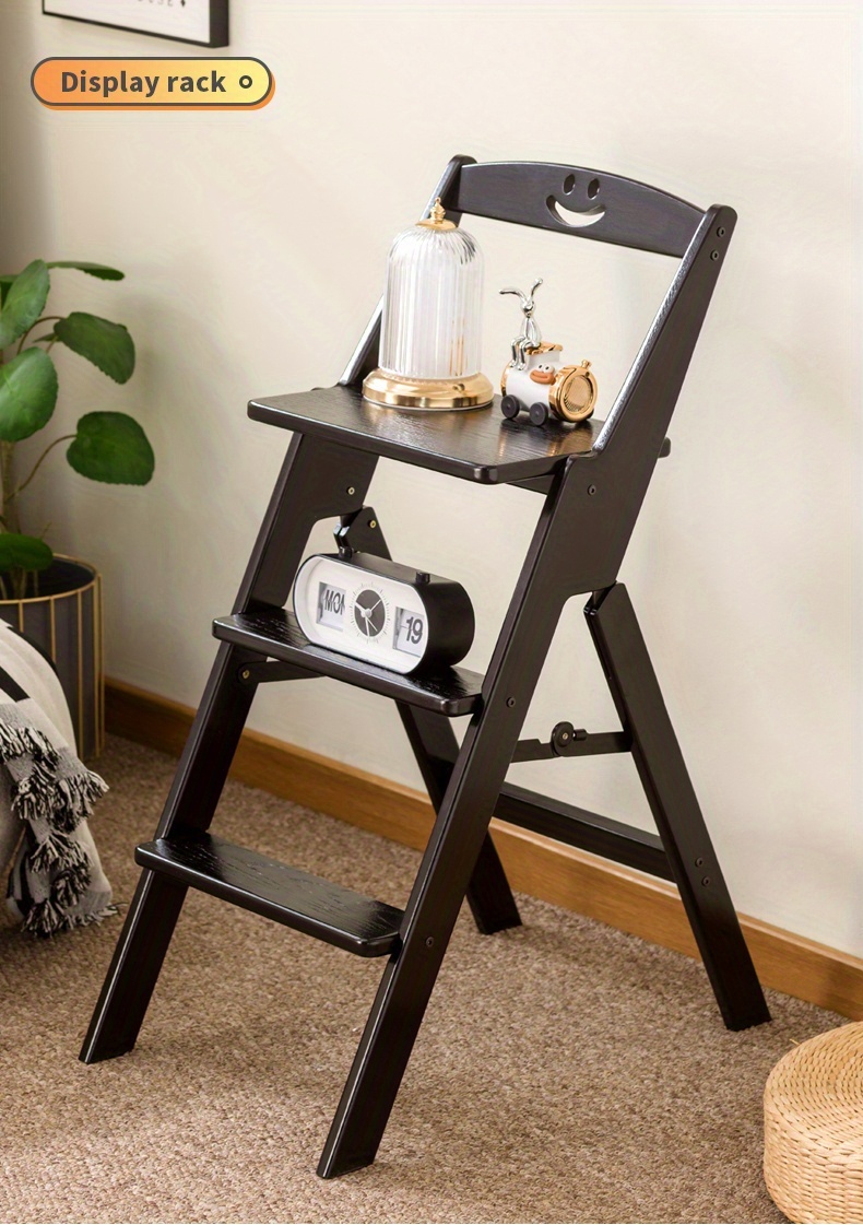 1pc Black All-Bamboo Bar Stool, Bar Counter Dining High Stool with Backrest, Folding Chair, No Assembly Required, Patio Outdoor Garden Step Stool, Household Three-Step Step Stool, Climbing Ladder, Suitable for Garden/Office/Library/Kitchen/Cafe