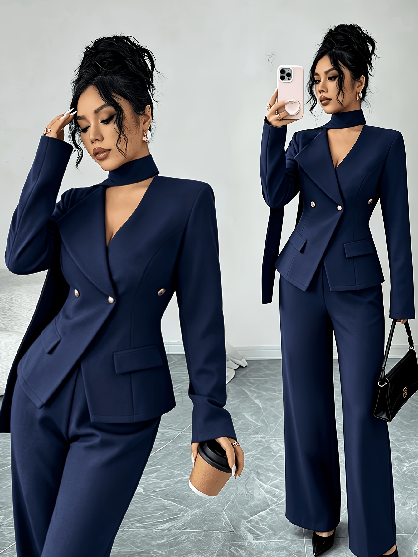 item picture with neck scarf shawl collar golden button dress pants set elegant solid color tailored two piece set