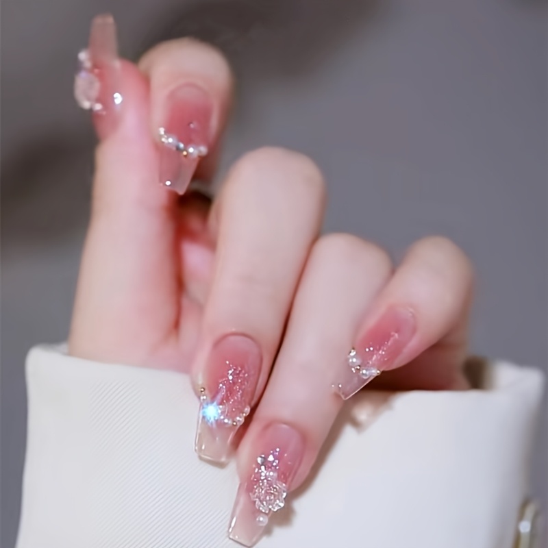 TEMU A 24pcs Medium-length Three-dimensional Camellia Rose Press-on Nail Set, Trapezoidal Shape, Semi-handmade, Easy To Apply, Reusable Nail Tips,