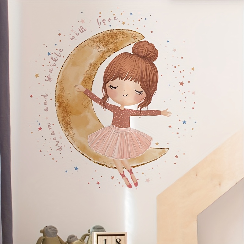 1pc whimsical girl moon wall sticker cute ballet dancer with stars pvc self   easy to peel stick ideal for bedroom room decor bedroom wall decor whimsical design   sticker moon decor